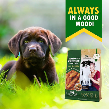 Dog Smoked Rawhide Sticks Wrapped Chicken & Pet Natural Chew Treats - Grain Free Organic Meat & Healthy Human Grade Dried Snacks in Bulk - Best Twists for Training Small & Large Dogs - Made for USA